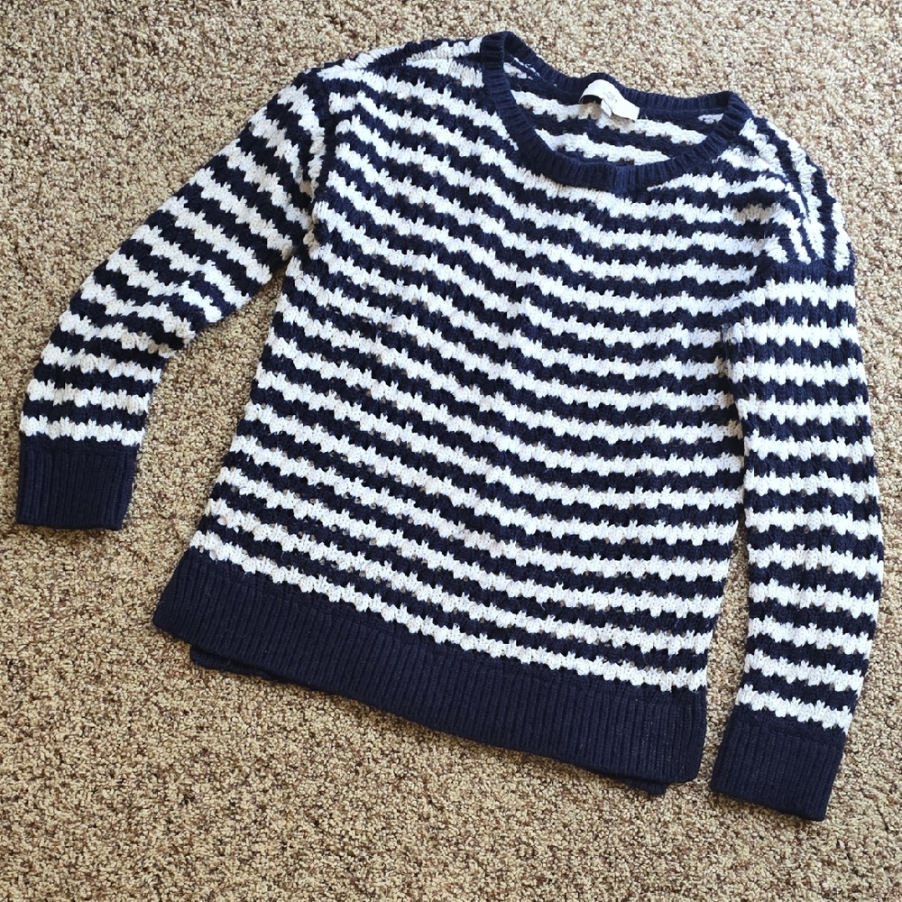 LOFT Navy and White Striped Crew Neck Sweater